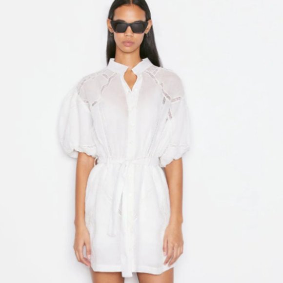 FRAME Lace Puff-Slv Ramie Shirt Dress Anthropologie Shopbop Revolve Saks Sz XS - Picture 3 of 16